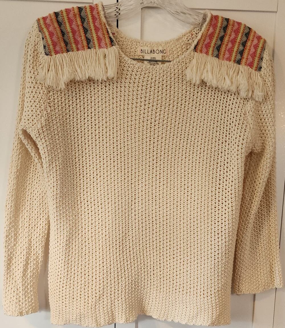 Billabong Sandy Kisses Sweater Cream Knit Sweater Tribal Fringe Size Small